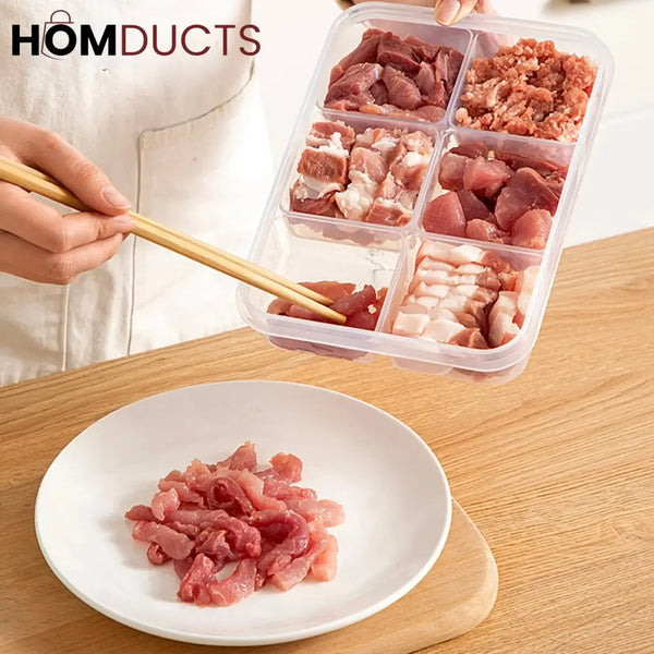 6-Grid Fridge & Freezer Food Storage Box with Lid - Reusable Plastic Container