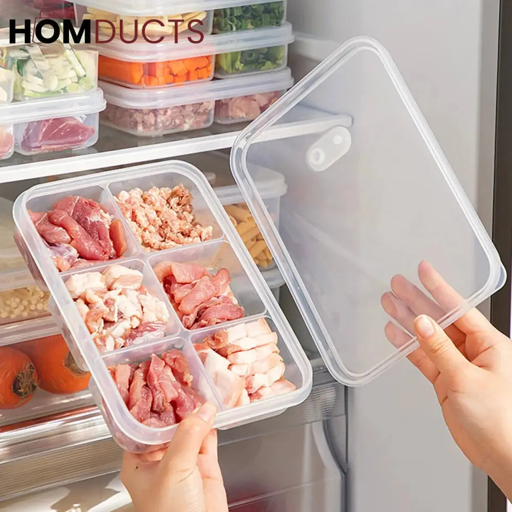 6-Grid Fridge & Freezer Food Storage Box with Lid - Reusable Plastic Container