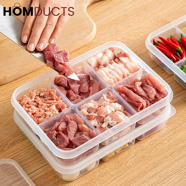 6-Grid Fridge & Freezer Food Storage Box with Lid - Reusable Plastic Container