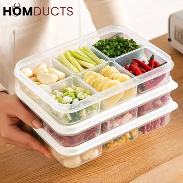 6-Grid Fridge & Freezer Food Storage Box with Lid - Reusable Plastic Container
