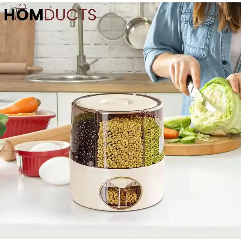 6-Grid Rotating Food Grain Dispenser & Storage Container (6kg) - Kitchen Organizer