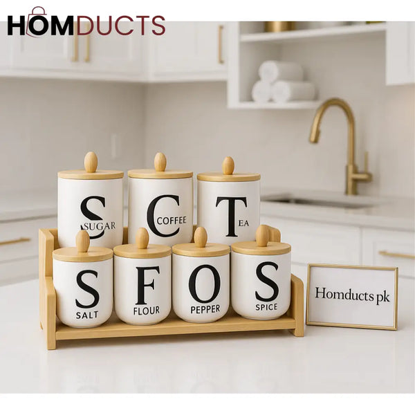 6-Piece Premium Ceramic Kitchen Jar Set with Bamboo Lids & Wooden Rack – Sugar Coffee Tea Spice Storage