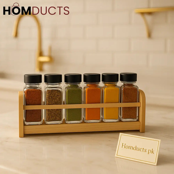 6-Piece Square Glass Spice Jar Set with Black Lids Wooden Rack