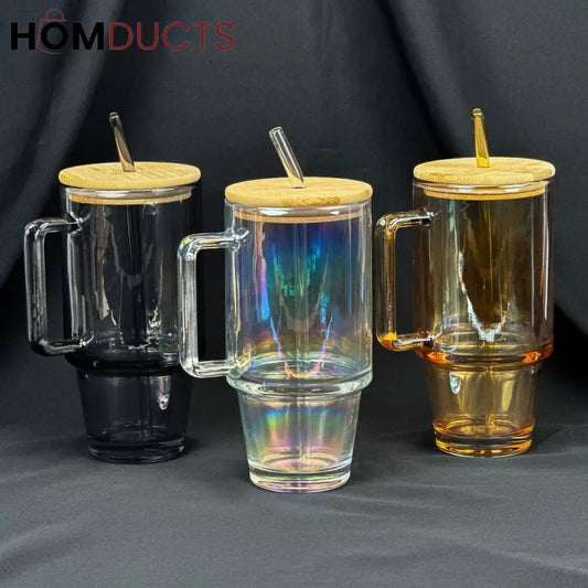 600ml Vintage Glass Cup with Bamboo Lid and Straw - Golden Design