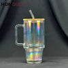 600ml Vintage Glass Cup with Bamboo Lid and Straw - Golden Design Style 1