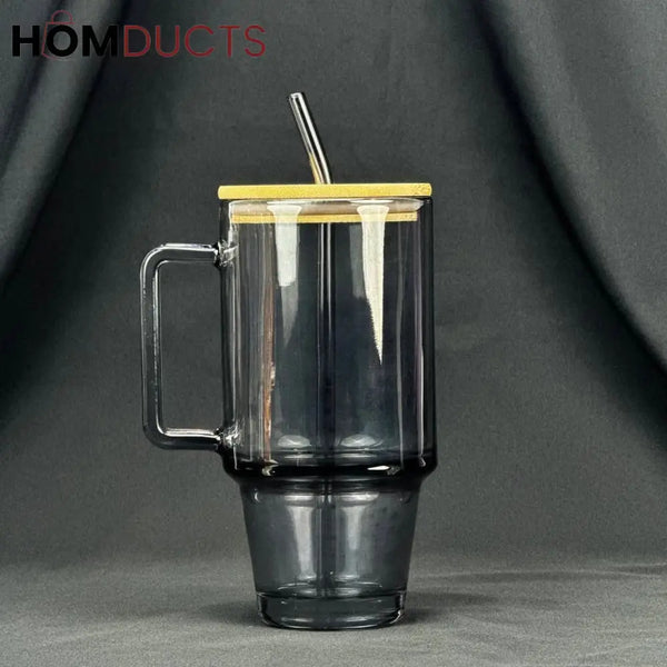 600ml Vintage Glass Cup with Bamboo Lid and Straw - Golden Design Style 2