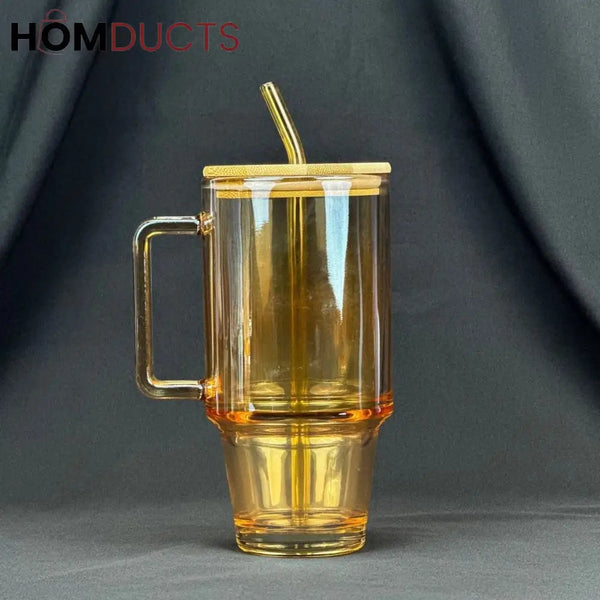 600ml Vintage Glass Cup with Bamboo Lid and Straw - Golden Design Style 3