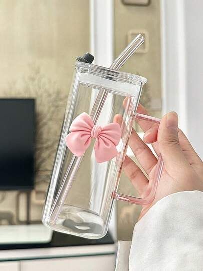 Square Glass Tumbler with Double  Bows & Straw – Elegant Drinkware