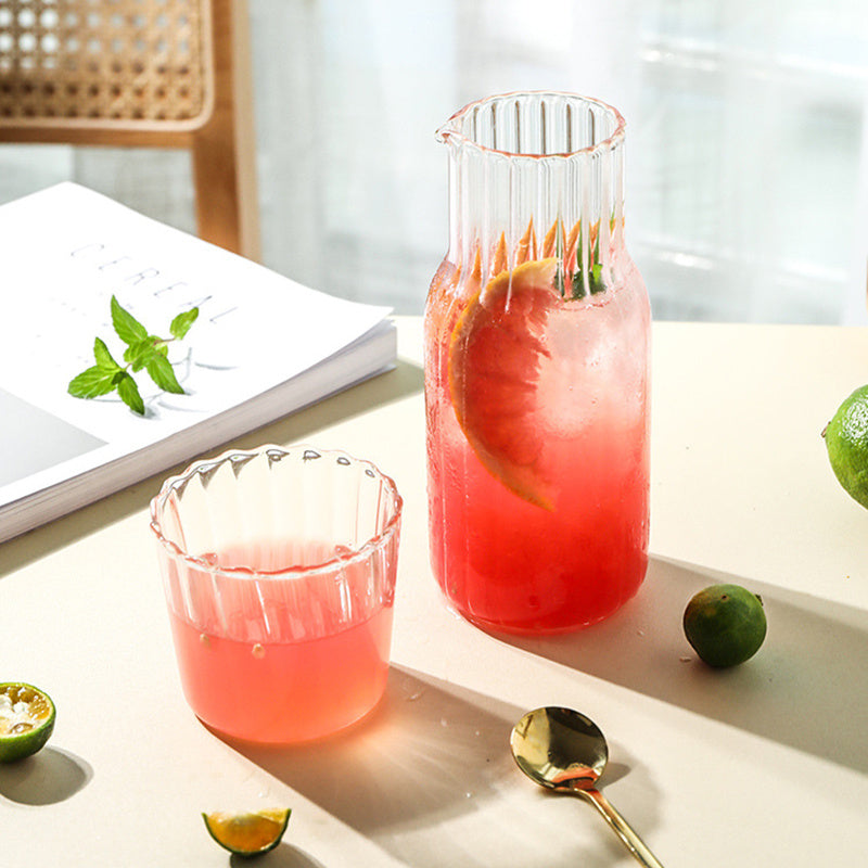 Elegant Ribbed Glass Water and Milk Jug Set – Clear Vintage-Style Carafe with Matching Drinking Glass for Kitchen and Dining