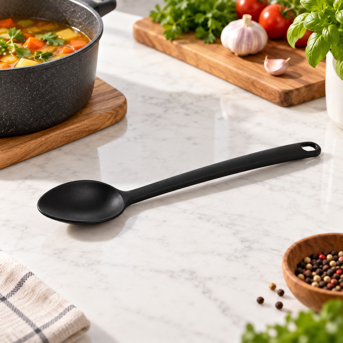 Tescoma Spaceline Nylon Cooking Spoon in a premium lifestyle setting