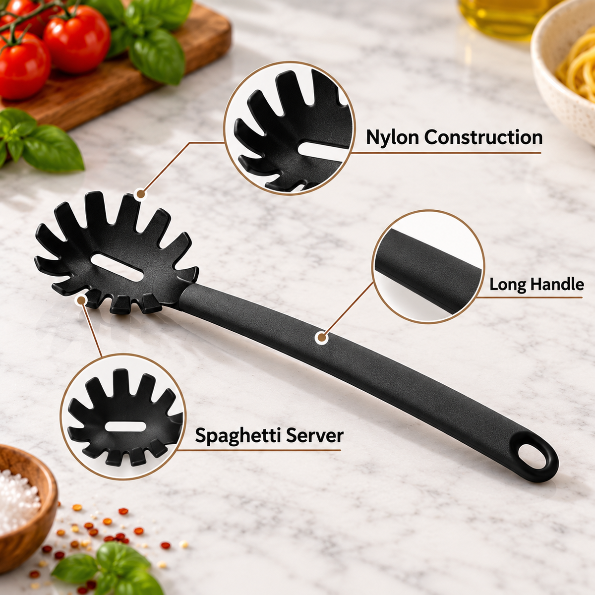 Tescoma Spaceline Nylon Spaghetti Server feature infographic