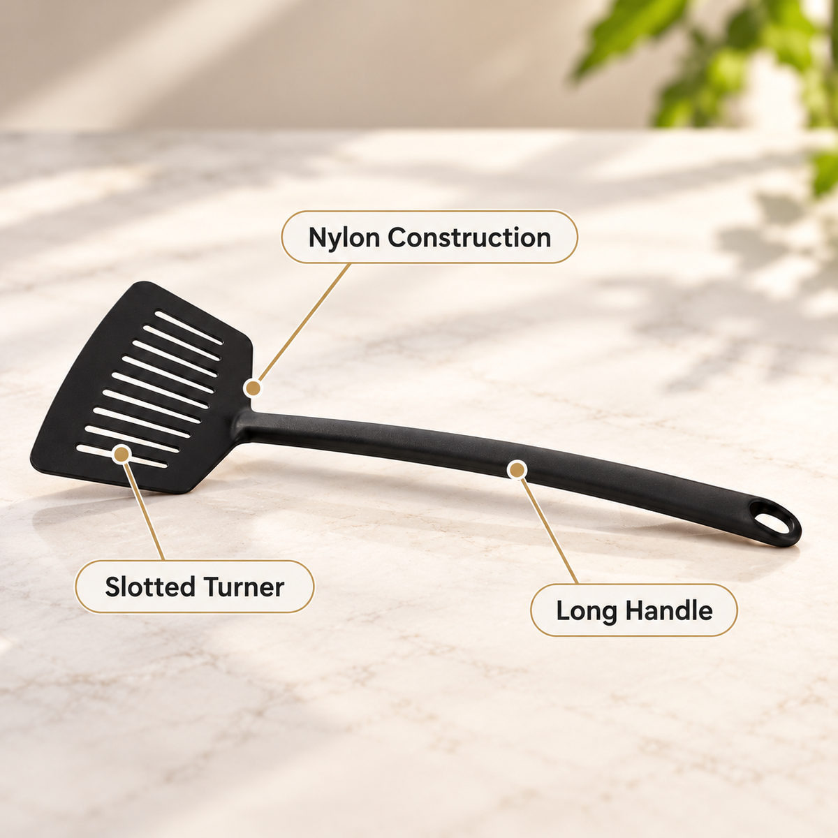Tescoma Spaceline Nylon Slotted Turner feature infographic