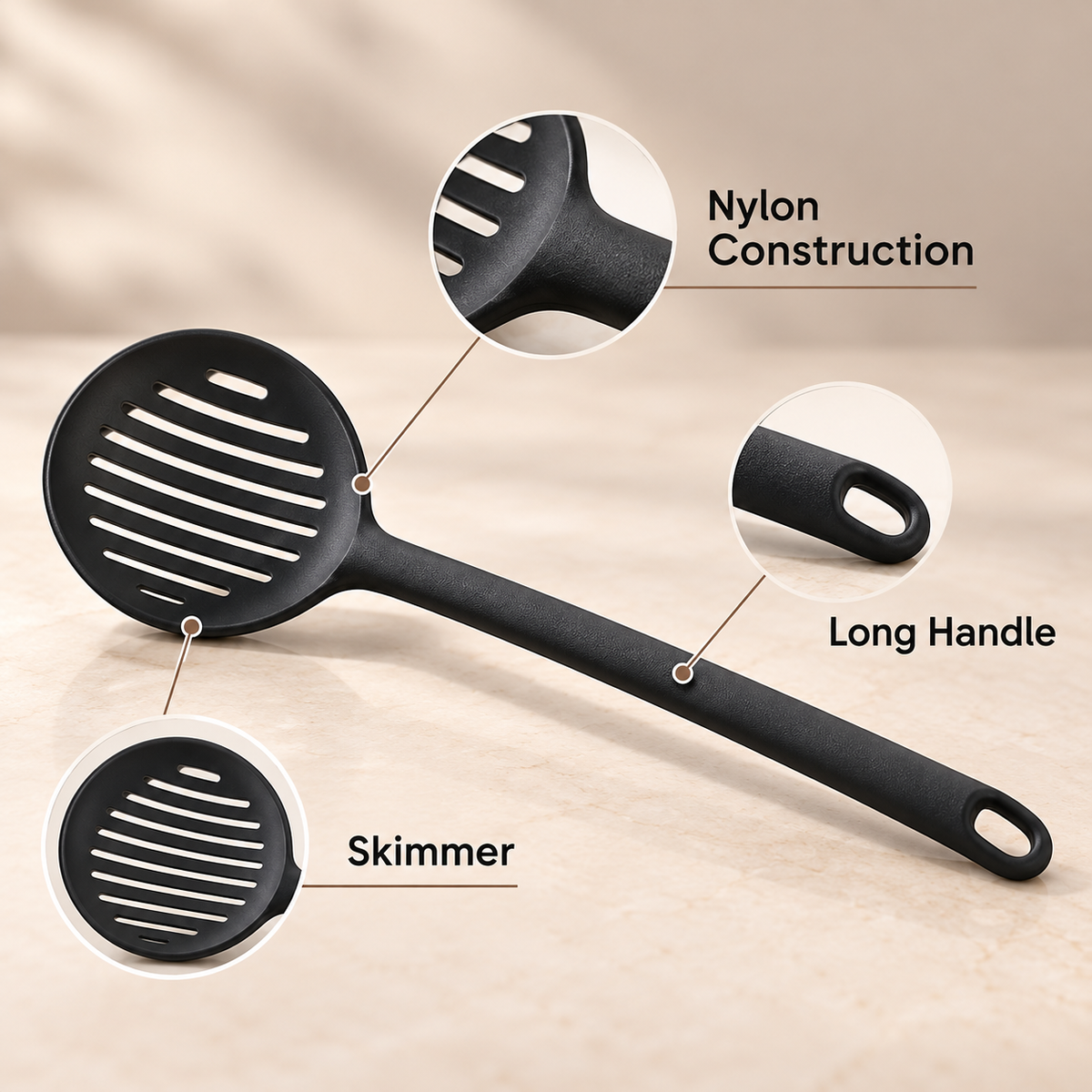 Tescoma Spaceline Nylon Skimmer feature infographic