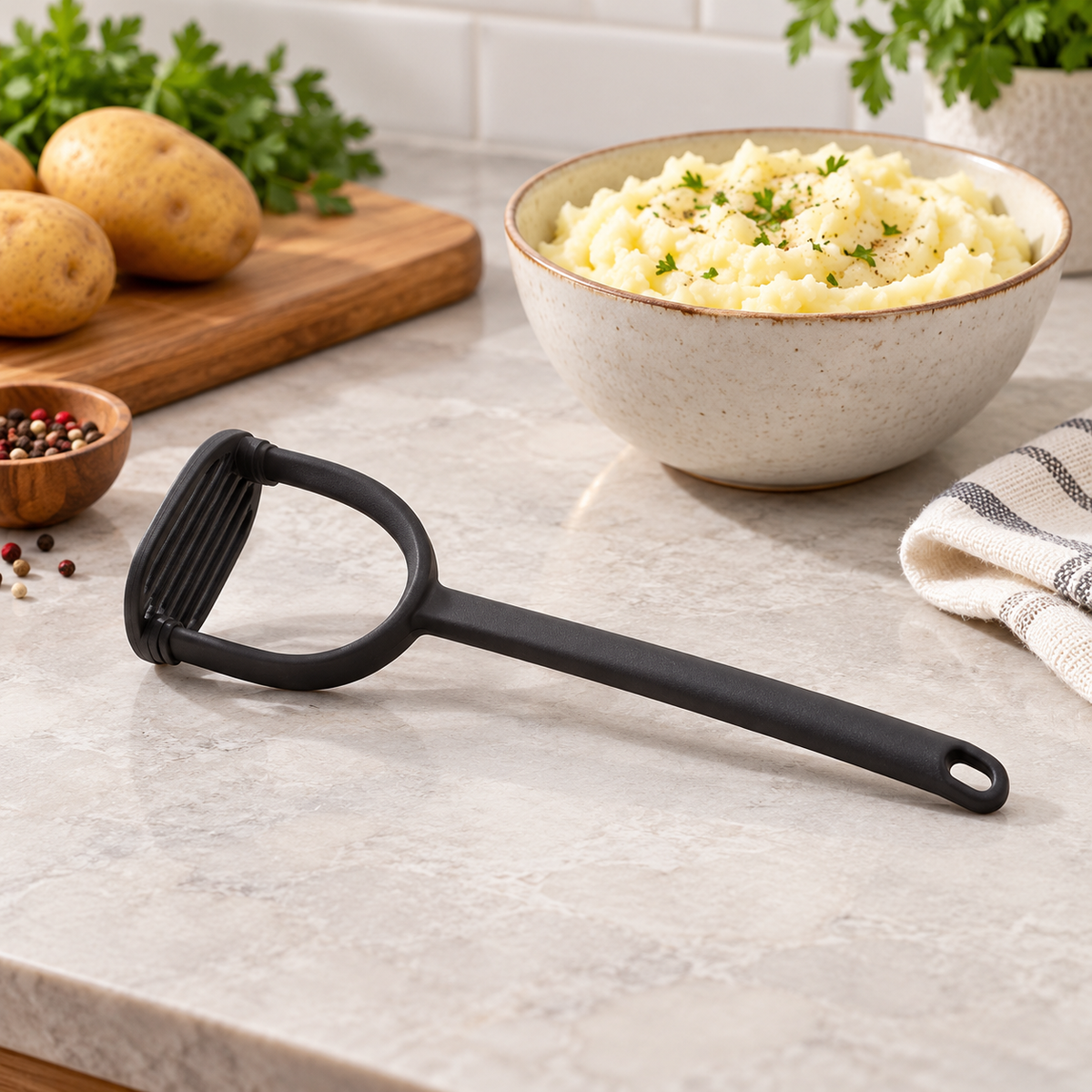 Tescoma Spaceline Nylon Potato Masher in a premium lifestyle setting