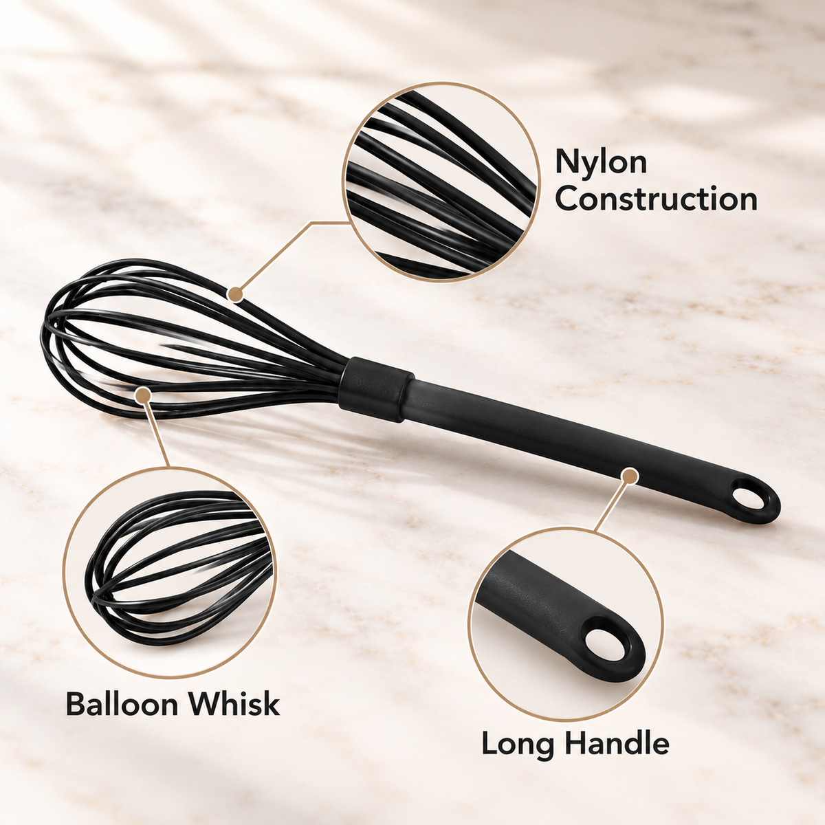 Tescoma Spaceline Nylon Balloon Whisk feature infographic