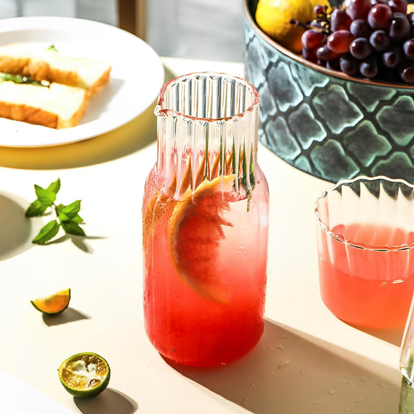 Elegant Ribbed Glass Water and Milk Jug Set – Clear Vintage-Style Carafe with Matching Drinking Glass for Kitchen and Dining