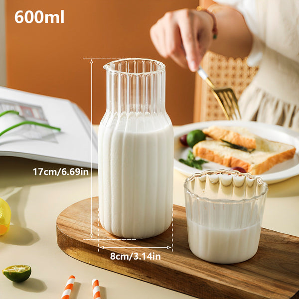 Elegant Ribbed Glass Water and Milk Jug Set – Clear Vintage-Style Carafe with Matching Drinking Glass for Kitchen and Dining