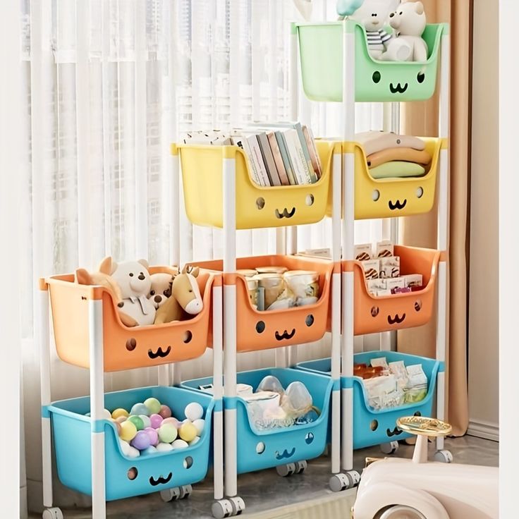 Kids Multi-Tier Toy Storage Organizer with Cute Cartoon Bins & Wheels – Durable Plastic Shelf for Playroom & Nursery