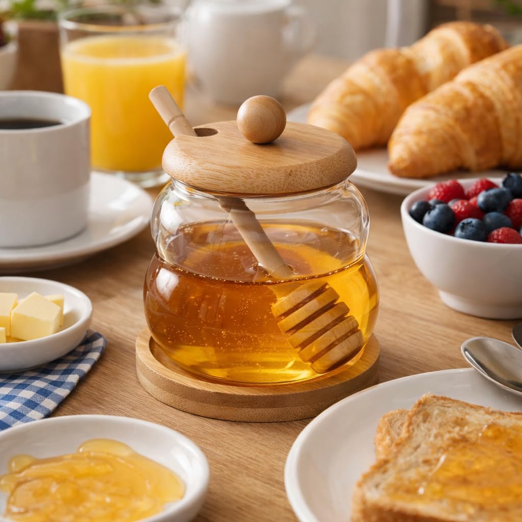 300ml Glass Honey Jar with Bamboo Lid, Wooden Dipper & Base