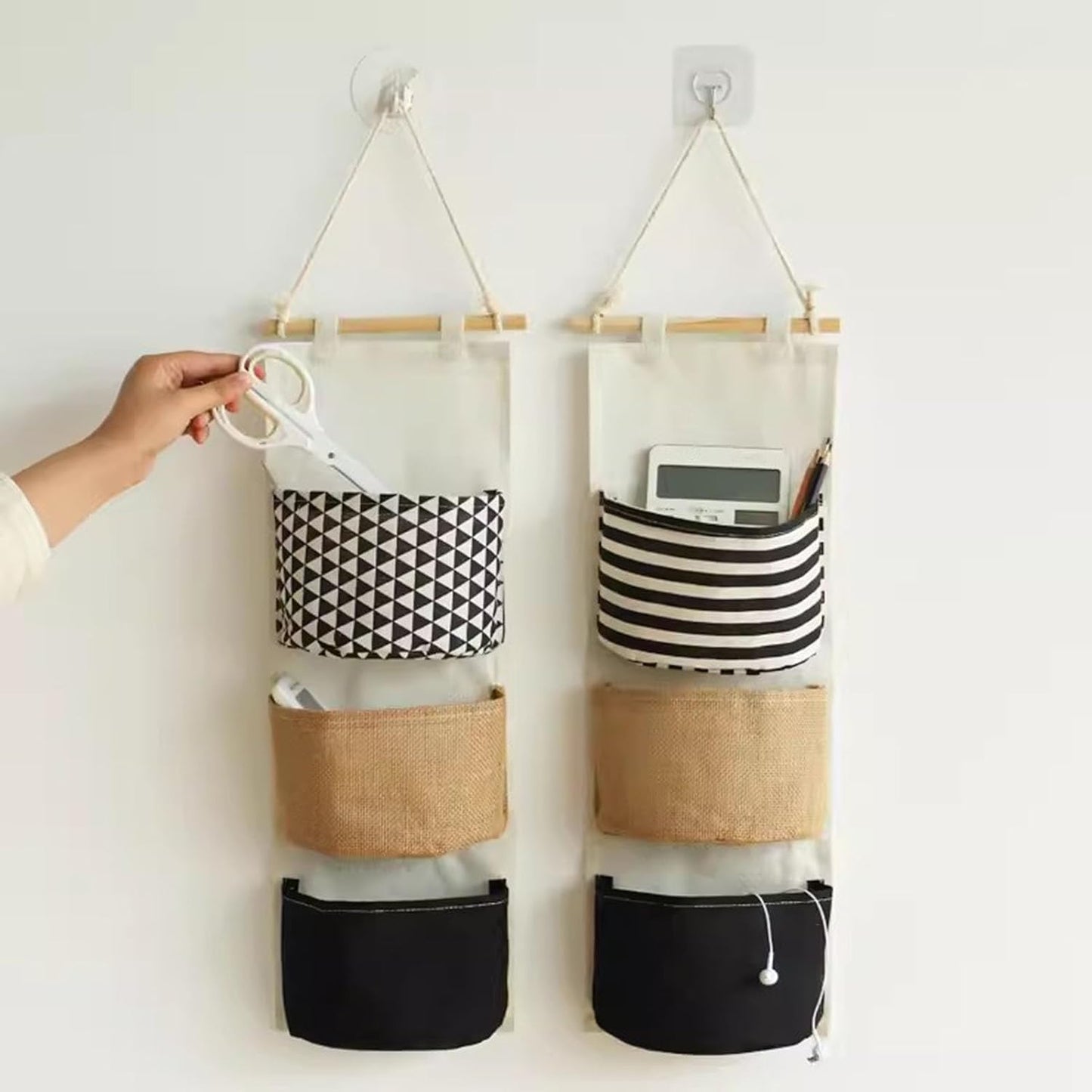 3-Pocket Wall Hanging Organizer with Wooden Rod – Fabric Storage Pouch (58 × 20.5 cm)