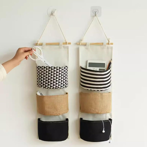 3-Pocket Wall Hanging Organizer with Wooden Rod – Fabric Storage Pouch (58 × 20.5 cm)