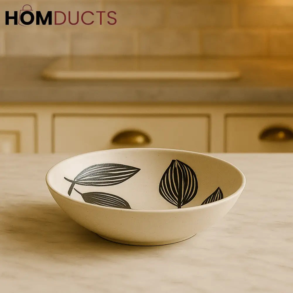 8” Botanical Ceramic Deep Plate – Elegant Black & White Leaf Design