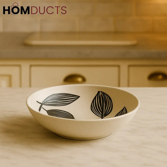 8” Botanical Ceramic Deep Plate – Elegant Black & White Leaf Design