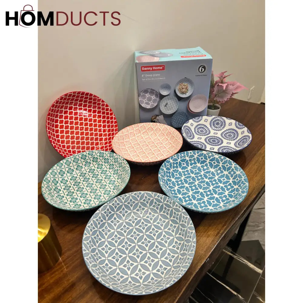 Danny Home Multicolour Deep Plates - 8 Inch Porcelain Ceramic (Set of 6)