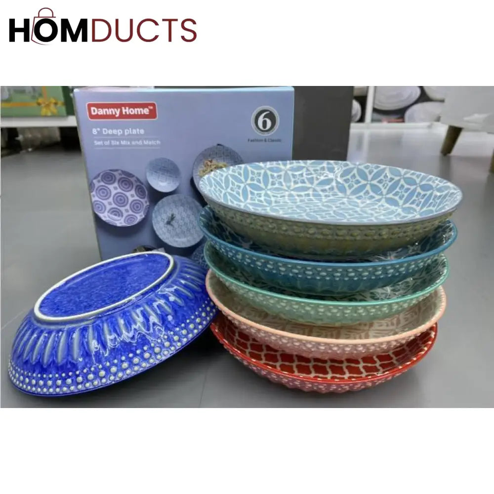 Danny Home Multicolour Deep Plates - 8 Inch Porcelain Ceramic (Set of 6)
