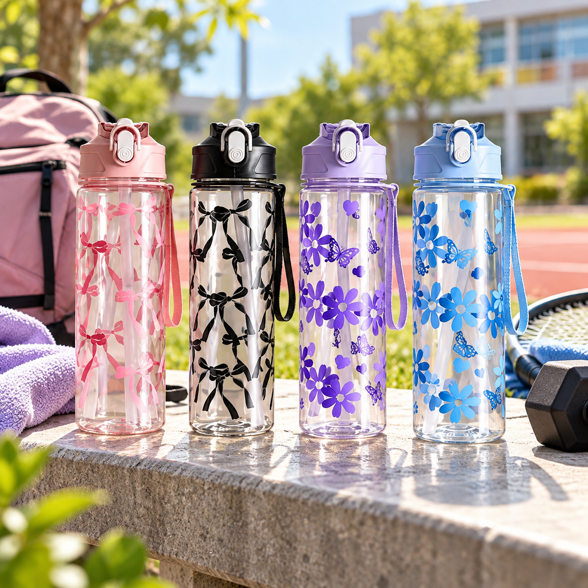 800ml Floral & Butterfly Plastic Water Bottle with Straw