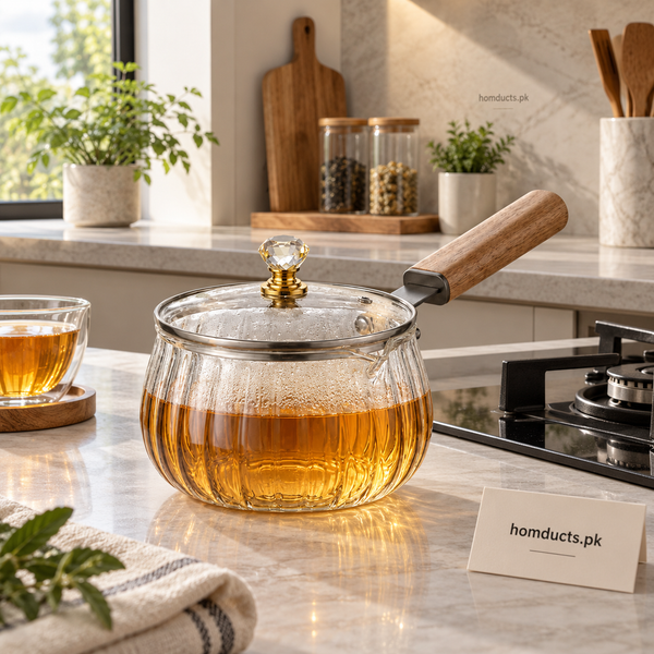 800ml ribbed glass saucepan with wooden handle and lid