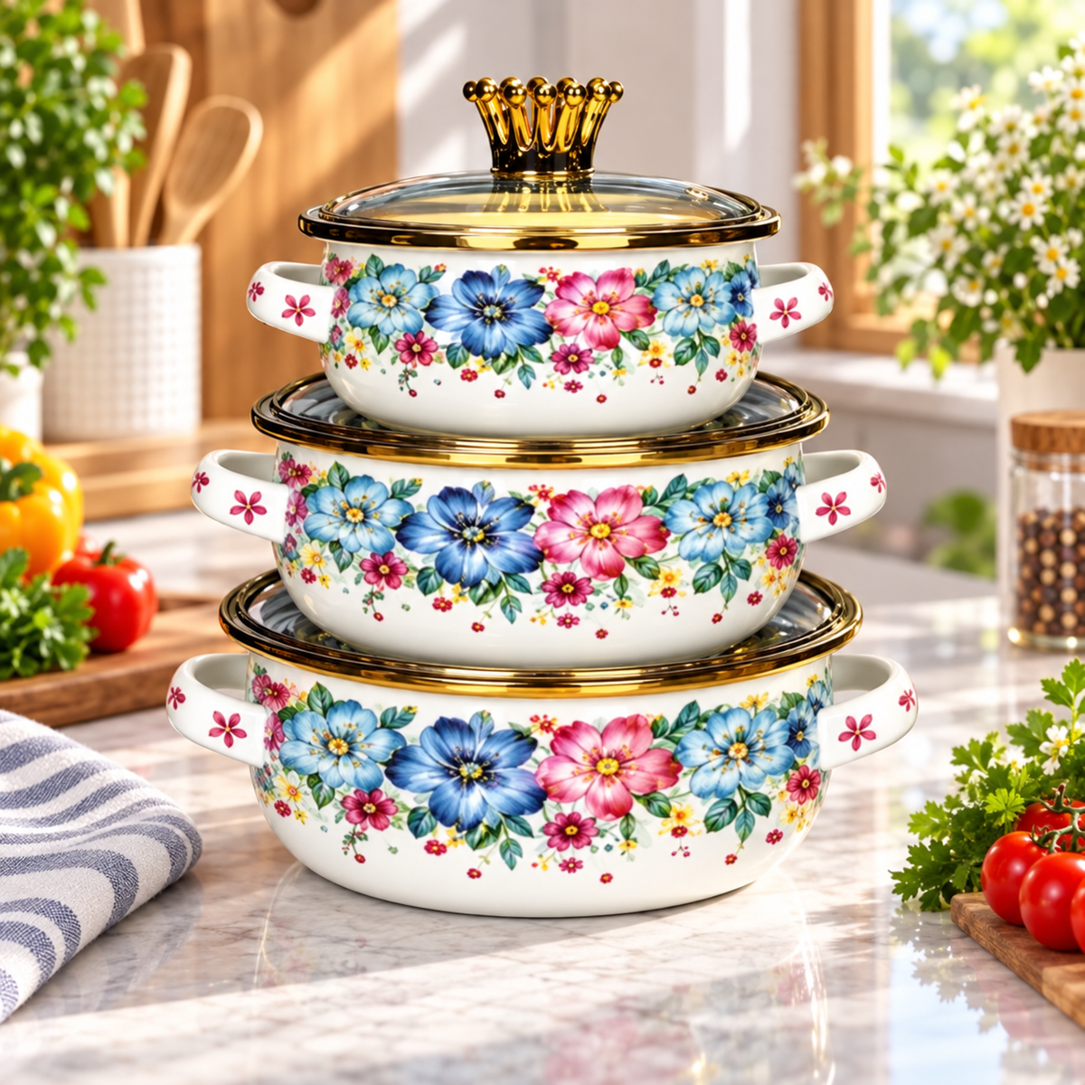 3-Piece Floral Enamel Mixing Bowl Set with Lids