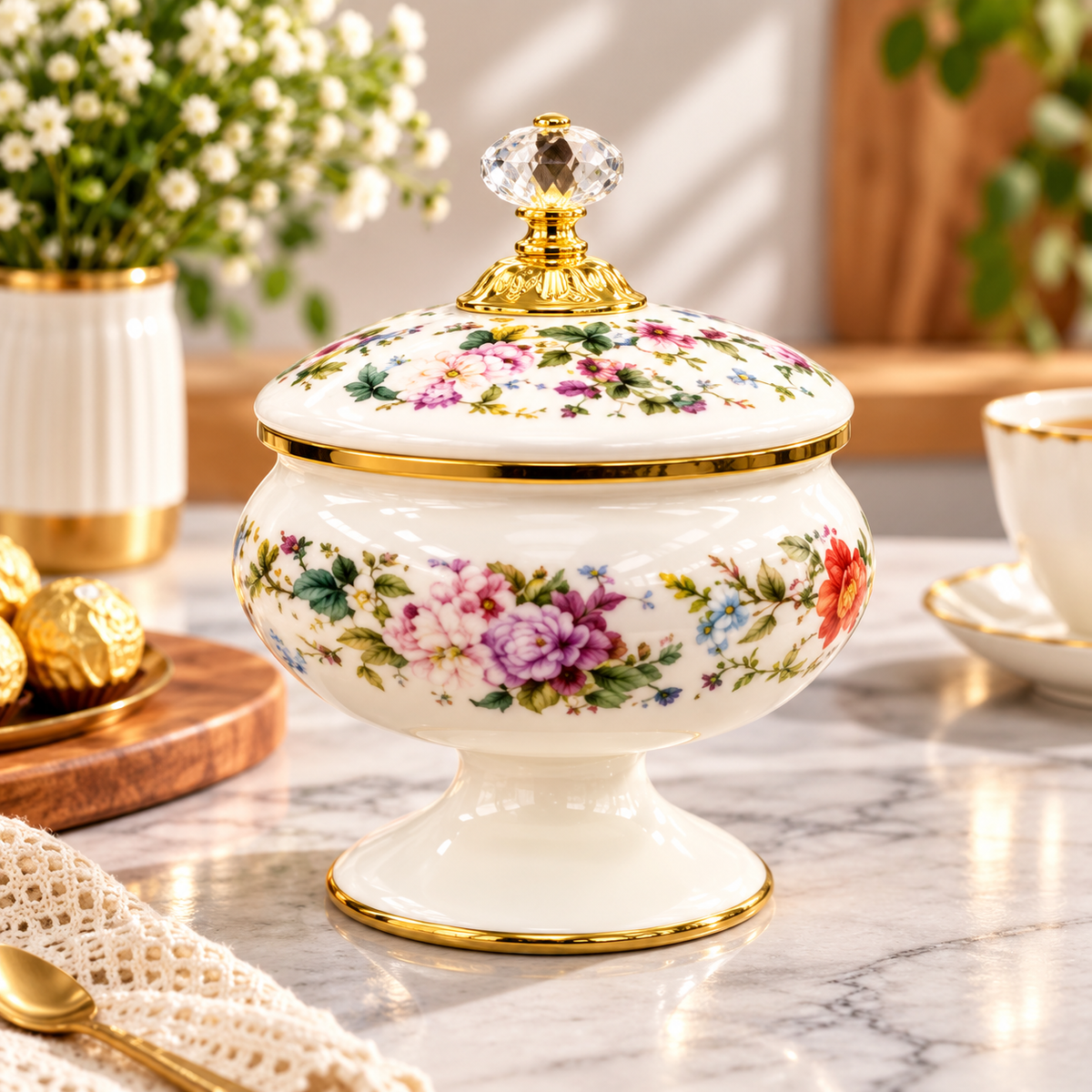 Floral Enamel Pedestal Sugar Pot with Lid