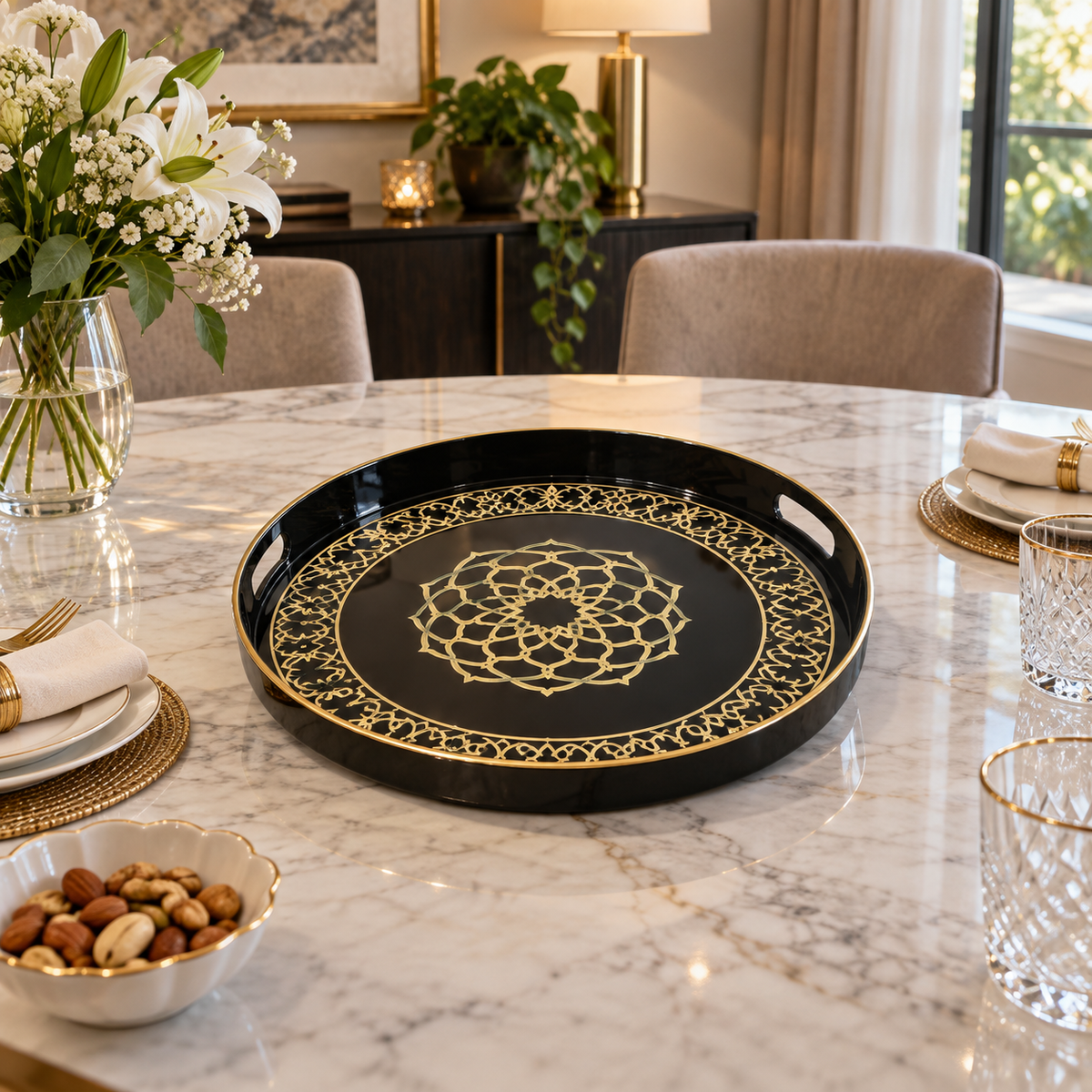 Round black and gold geometric serving tray