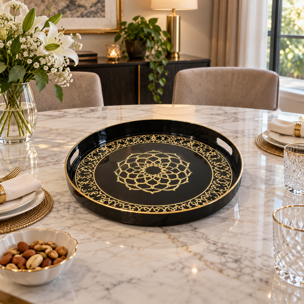 Round black and gold geometric serving tray