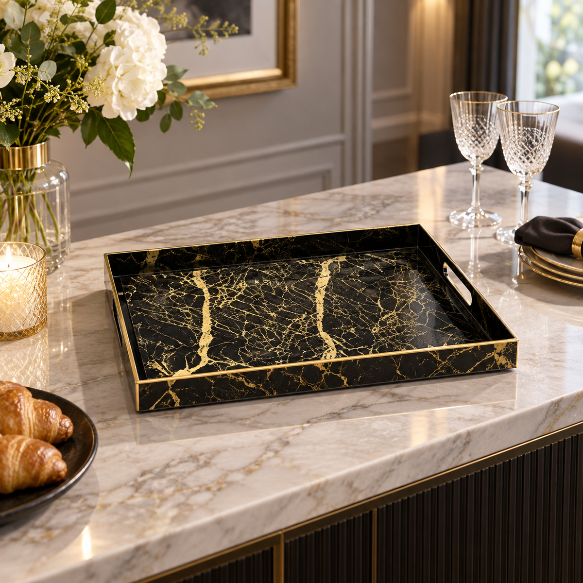 Rectangular black marble-look serving tray with gold veining