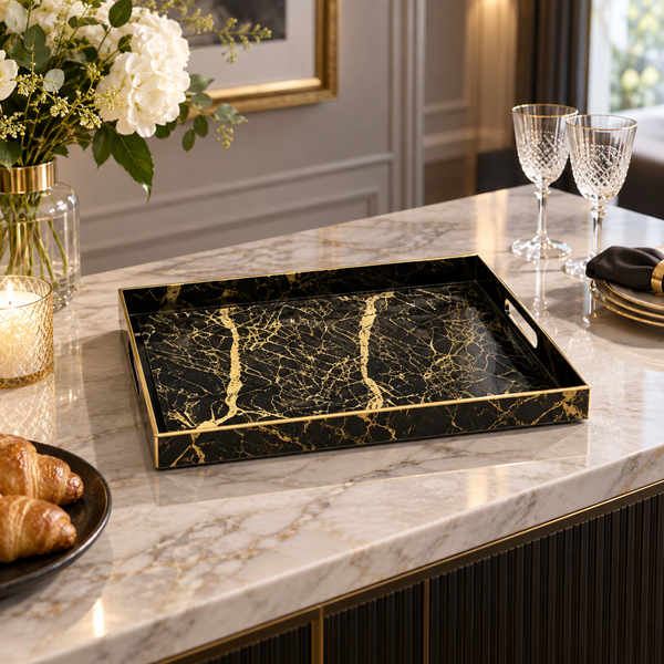 Rectangular black marble-look serving tray with gold veining