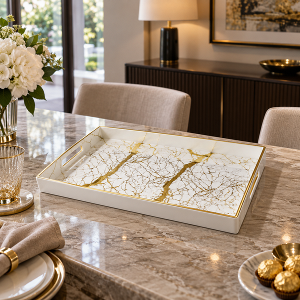 Rectangular white marble-look serving tray with gold veining