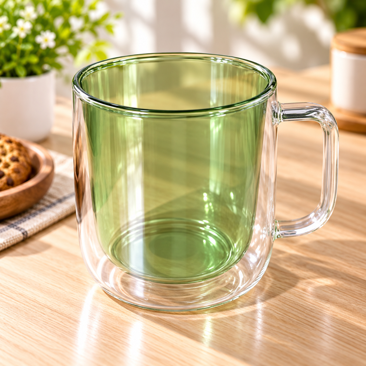 Green Double-Wall Glass Mug with Clear Handle