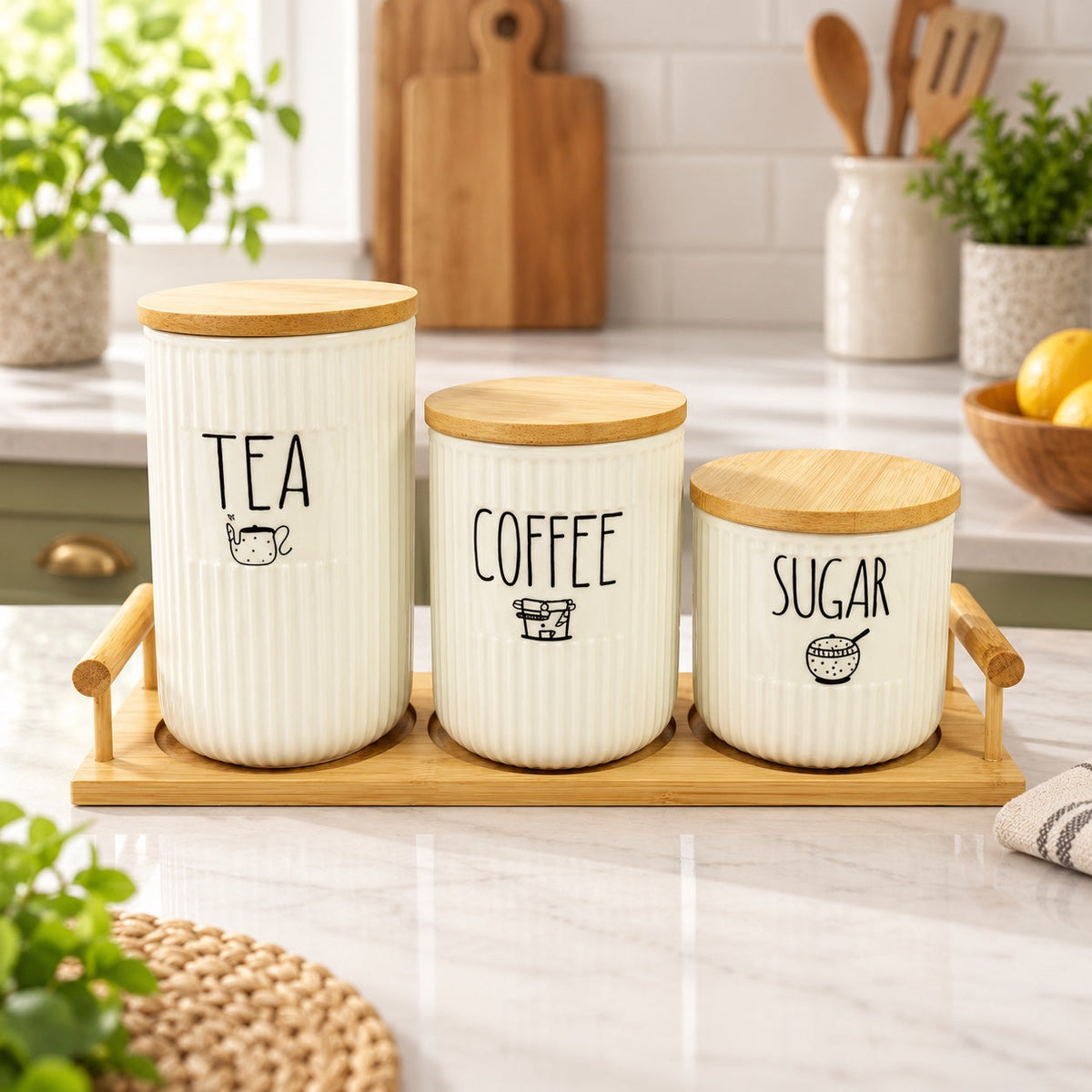 Ribbed ceramic tea coffee and sugar canister set in a kitchen