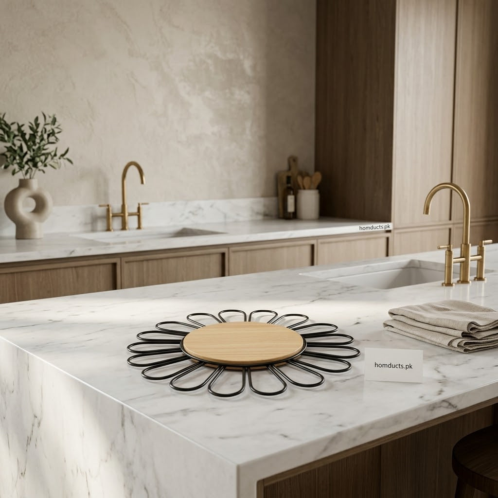 Modern Flower-Shaped Metal Trivet with Wooden Center – Heat-Resistant Pot & Pan Stand