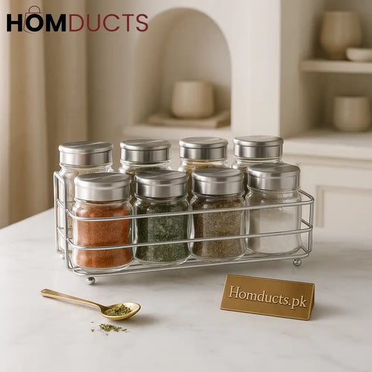 9-Piece Premium Spice Jar Set with Chrome Rack – Glass Containers with Silver Lids