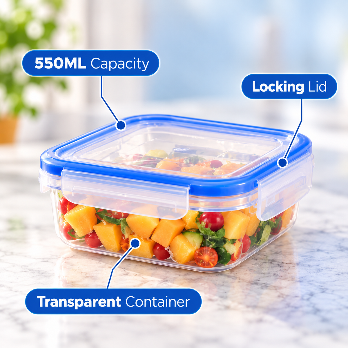 Double Lock Square Food Keeper – 550ml feature infographic