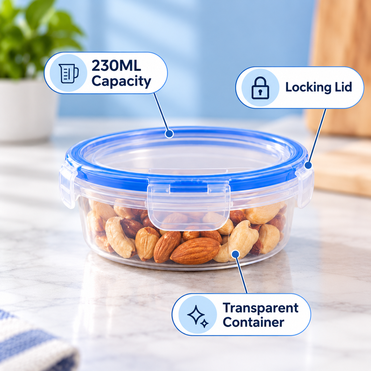 Double Lock Round Food Keeper – 230ml feature infographic