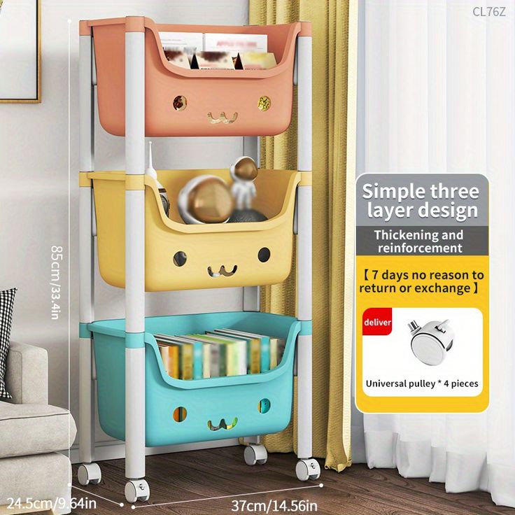 Kids Multi-Tier Toy Storage Organizer with Cute Cartoon Bins & Wheels – Durable Plastic Shelf for Playroom & Nursery