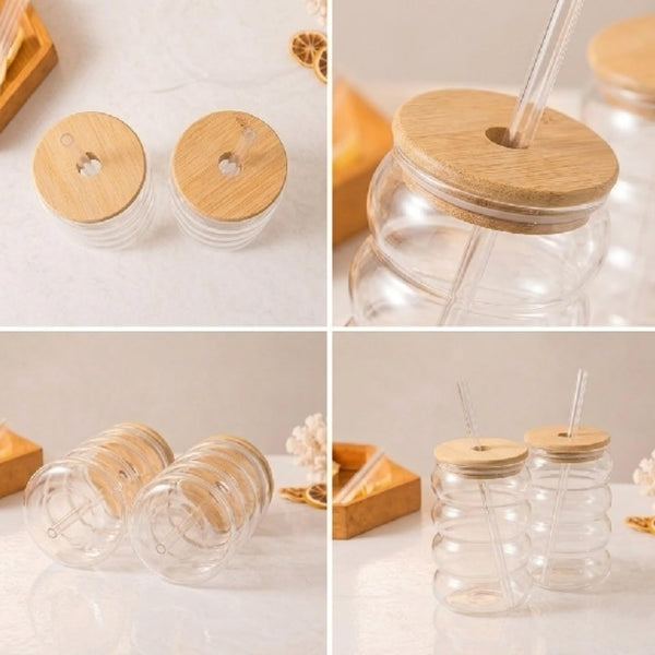 Ribbed Glass Tumbler with Bamboo Lid & Reusable Straw – 1 Pc