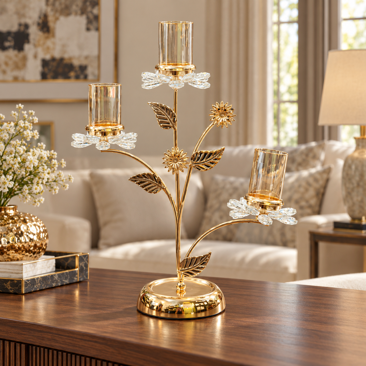 Floral Three-Arm Candle Holder with Glass Cylinders