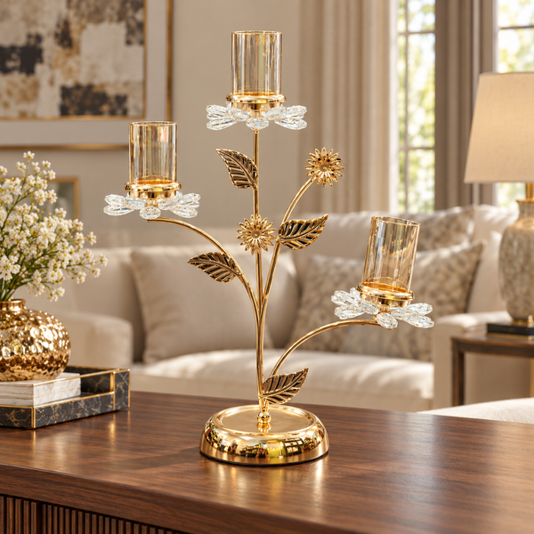 Floral Three-Arm Candle Holder with Glass Cylinders