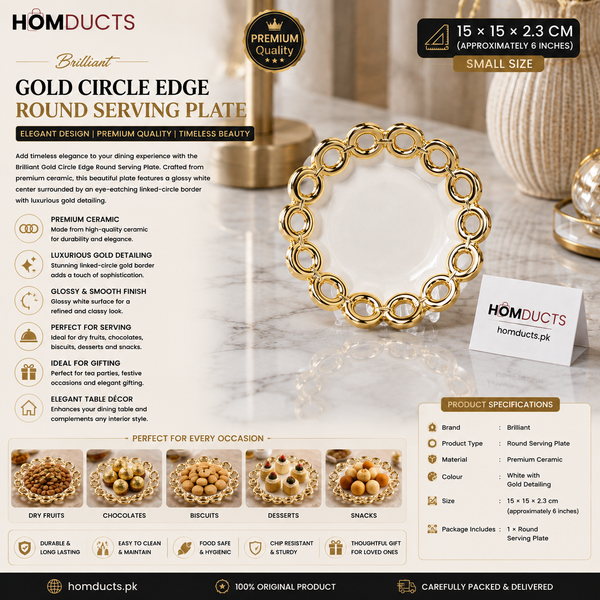 Brilliant Luxury Gold Circle-Edge Round Serving Plate – 6-Inch Decorative Ceramic Platter