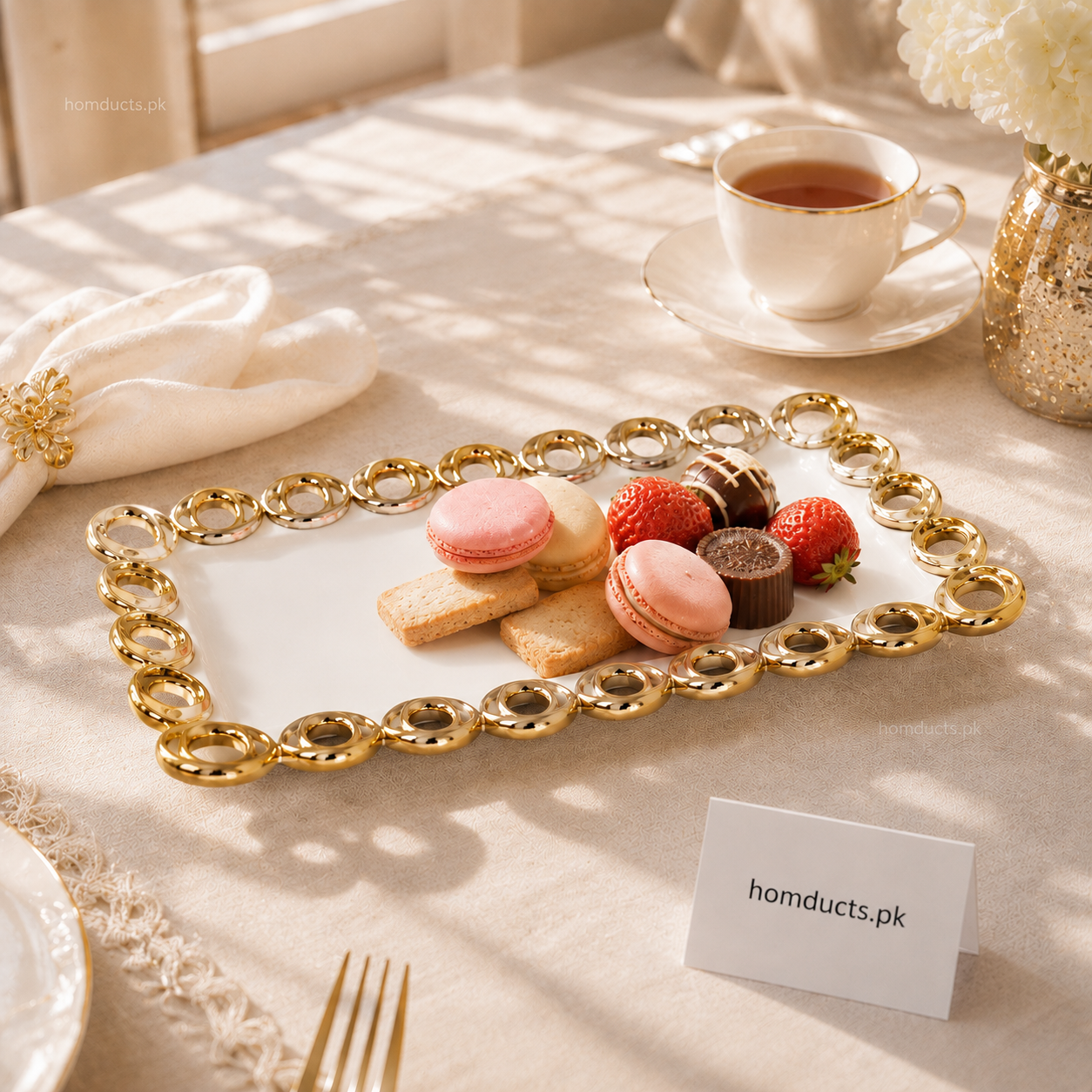 Brilliant Luxury Gold Ring Border Rectangular Ceramic Serving Tray – 11 Inch
